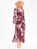 WOMEN'S LONG BELL SLEEVE SELF TIE HIGH-LOW FLORAL WRAP MAXI DRESS