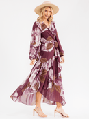 WOMEN'S LONG BELL SLEEVE SELF TIE HIGH-LOW FLORAL WRAP MAXI DRESS