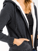 WOMEN'S LONG SLEEVE ZIPPER CLOSURE FRONT POCKETS HOODED SHERPA JACKET