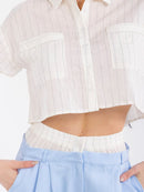 WOMEN'S SHORT SLEEVE TOP & BUTTON CLOSURE PANTS STRIPES COLORBLOCK 2PC. SET