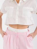 WOMEN'S SHORT SLEEVE TOP & BUTTON CLOSURE PANTS STRIPES COLORBLOCK 2PC. SET