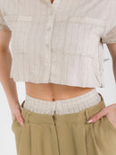 WOMEN'S SHORT SLEEVE TOP & BUTTON CLOSURE PANTS STRIPES COLORBLOCK 2PC. SET