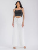 WOMEN'S BUTTON CLOSURE POCKETS WIDE LEG DENIM PANTS