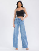 WOMEN'S BUTTON CLOSURE POCKETS WASHED WIDE LEG DENIM PANTS