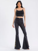 WOMEN'S BUTTON CLOSURE POCKETS STUDS EMBROIDERY BELL LEG DENIM PANTS