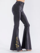 WOMEN'S BUTTON CLOSURE POCKETS STUDS EMBROIDERY BELL LEG DENIM PANTS