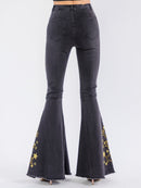WOMEN'S BUTTON CLOSURE POCKETS STUDS EMBROIDERY BELL LEG DENIM PANTS