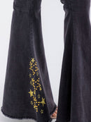 WOMEN'S BUTTON CLOSURE POCKETS STUDS EMBROIDERY BELL LEG DENIM PANTS