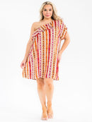 PLUS SIZE ONE SHOULDER RUFFLE MULTI PRINT MINI DRESS