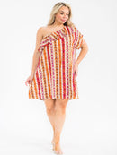PLUS SIZE ONE SHOULDER RUFFLE MULTI PRINT MINI DRESS