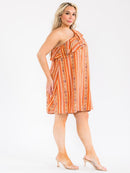 PLUS SIZE ONE SHOULDER RUFFLE MULTI PRINT MINI DRESS
