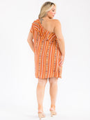 PLUS SIZE ONE SHOULDER RUFFLE MULTI PRINT MINI DRESS