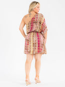 PLUS SIZE ONE SHOULDER ELASTIC WAIST SELF TIE MULTI PRINT MINI DRESS