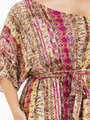 PLUS SIZE ONE SHOULDER ELASTIC WAIST SELF TIE MULTI PRINT MINI DRESS