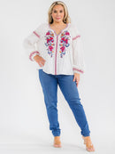 PLUS SIZE LONG SLEEVE V-NECK FLORAL EMBROIDERY BLOUSE
