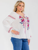 PLUS SIZE LONG SLEEVE V-NECK FLORAL EMBROIDERY BLOUSE
