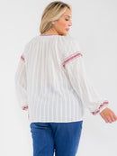 PLUS SIZE LONG SLEEVE V-NECK FLORAL EMBROIDERY BLOUSE