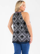 PLUS SIZE SLEEVELESS FLORAL EMBROIDERY MULTI PRINT TANK TOP