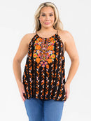 PLUS SIZE SLEEVELESS FLORAL EMBROIDERY MULTI PRINT TANK TOP