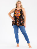PLUS SIZE SLEEVELESS FLORAL EMBROIDERY MULTI PRINT TANK TOP