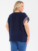 PLUS SIZE SHORT SLEEVE FLORAL EMBROIDERY BLOUSE