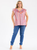 PLUS SIZE RUFFLE SLEEVE V-NECK FLORAL EMBROIDERY TUNIC BLOUSE
