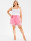 PLUS SIZE BUTTON CLOSURE POCKETS STUDS FRINGE WASHED DENIM MINI SHORTS