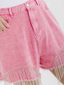 PLUS SIZE BUTTON CLOSURE POCKETS STUDS FRINGE WASHED DENIM MINI SHORTS