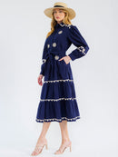 WOMEN'S LONG SLEEVE BUTTON UP TIERED EMBROIDERY MAXI DRESS