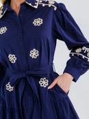 WOMEN'S LONG SLEEVE BUTTON UP TIERED EMBROIDERY MAXI DRESS