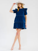 WOMEN'S SHORT SLEEVE FRONT POCKETS TIERED DENIM MINI DRESS