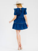 WOMEN'S SHORT SLEEVE FRONT POCKETS TIERED DENIM MINI DRESS