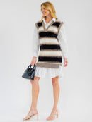 WOMEN'S LONG SLEEVE V-NECK COLORBLOCK CONTRAST SWEATER MINI DRESS