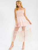 WOMEN'S SLEEVELESS SMOCK TIERED RUFFLE SEQUINS TUBE MAXI DRESS