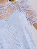 WOMEN'S SHORT PUFF SLEEVE MOCK NECK FLORAL LACE BLOUSE