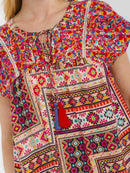 WOMEN'S SHORT SLEEVE FLORAL EMBROIDERY MULTI PRINT BLOUSE