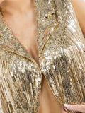 WOMEN'S SLEEVELESS BUTTON CLOSURE SEQUINS FRINGE CROP TOP