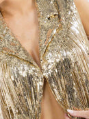 WOMEN'S SLEEVELESS BUTTON CLOSURE SEQUINS FRINGE CROP TOP