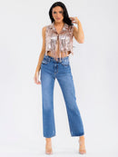 WOMEN'S SLEEVELESS BUTTON CLOSURE SEQUINS FRINGE CROP TOP