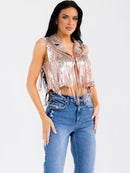WOMEN'S SLEEVELESS BUTTON CLOSURE SEQUINS FRINGE CROP TOP