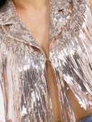 WOMEN'S SLEEVELESS BUTTON CLOSURE SEQUINS FRINGE CROP TOP