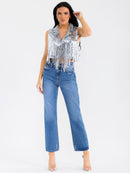 WOMEN'S SLEEVELESS BUTTON CLOSURE SEQUINS FRINGE CROP TOP