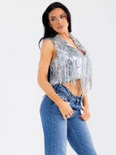 WOMEN'S SLEEVELESS BUTTON CLOSURE SEQUINS FRINGE CROP TOP