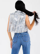 WOMEN'S SLEEVELESS BUTTON CLOSURE SEQUINS FRINGE CROP TOP