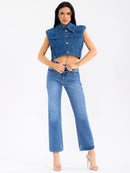 WOMEN'S SLEEVELESS BUTTON UP FRONT POCKETS DENIM TOP