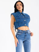 WOMEN'S SLEEVELESS BUTTON UP FRONT POCKETS DENIM TOP