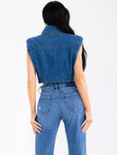 WOMEN'S SLEEVELESS BUTTON UP FRONT POCKETS DENIM TOP