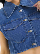 WOMEN'S SLEEVELESS BUTTON UP FRONT POCKETS DENIM TOP