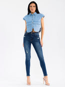 WOMEN'S SLEEVELESS BUTTON UP FRONT POCKETS DENIM TOP