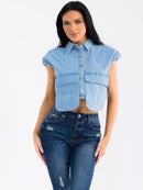 WOMEN'S SLEEVELESS BUTTON UP FRONT POCKETS DENIM TOP